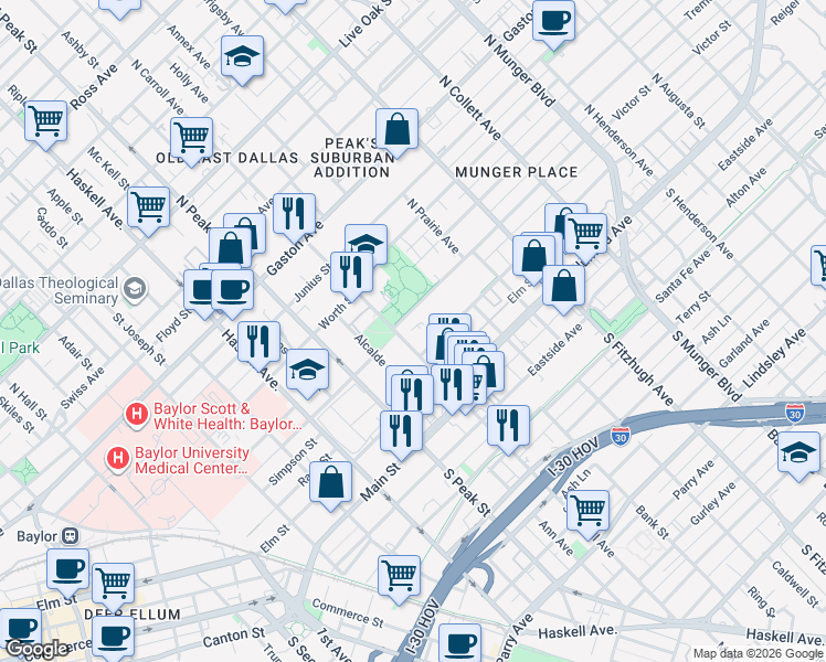 map of restaurants, bars, coffee shops, grocery stores, and more near 309 North Carroll Avenue in Dallas
