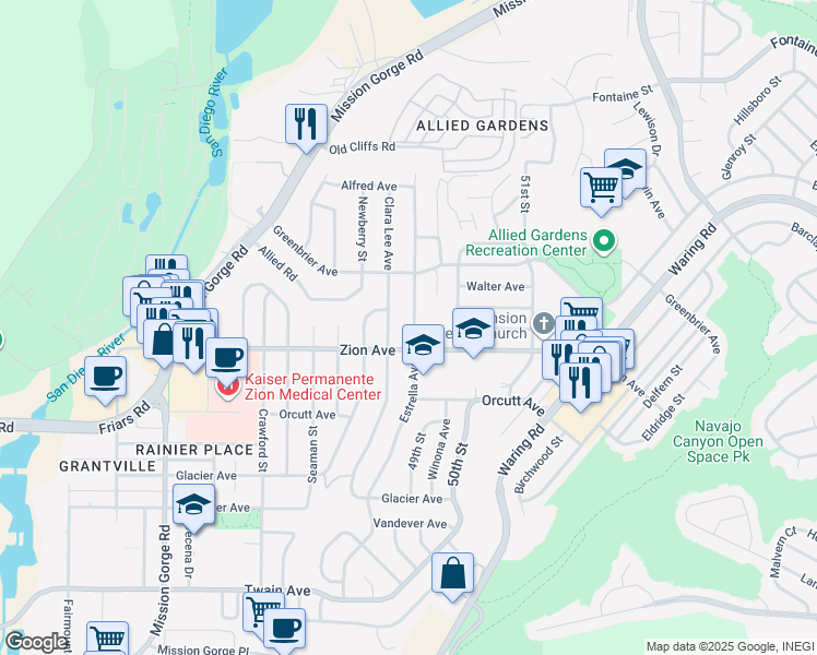 map of restaurants, bars, coffee shops, grocery stores, and more near 6634 Estrella Avenue in San Diego