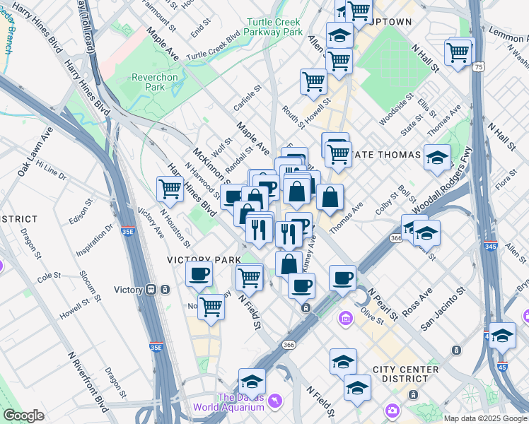 map of restaurants, bars, coffee shops, grocery stores, and more near 2191 Cedar Springs Road in Dallas