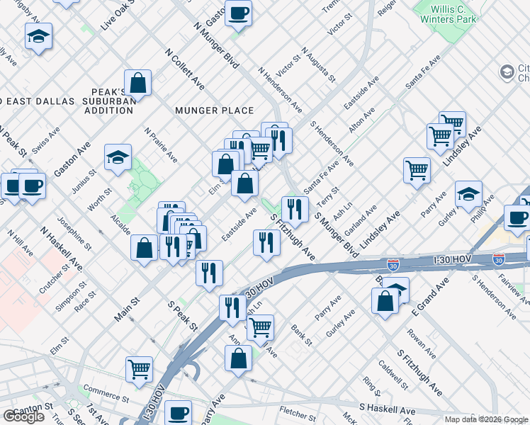 map of restaurants, bars, coffee shops, grocery stores, and more near 4827 Santa Fe Avenue in Dallas