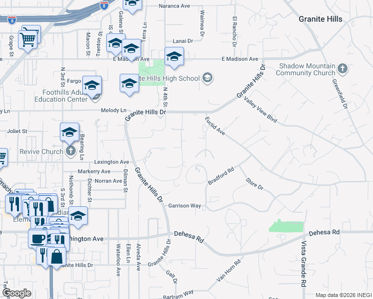 map of restaurants, bars, coffee shops, grocery stores, and more near 1951 Granite Hills Drive in El Cajon