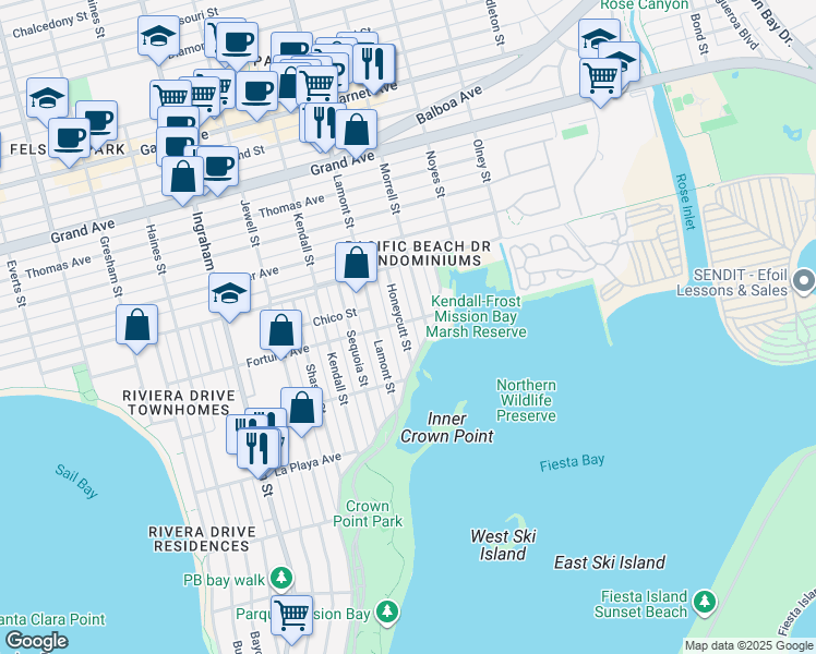 map of restaurants, bars, coffee shops, grocery stores, and more near 3967 Lamont Street in San Diego