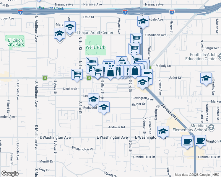 map of restaurants, bars, coffee shops, grocery stores, and more near 187 Ballard Street in El Cajon