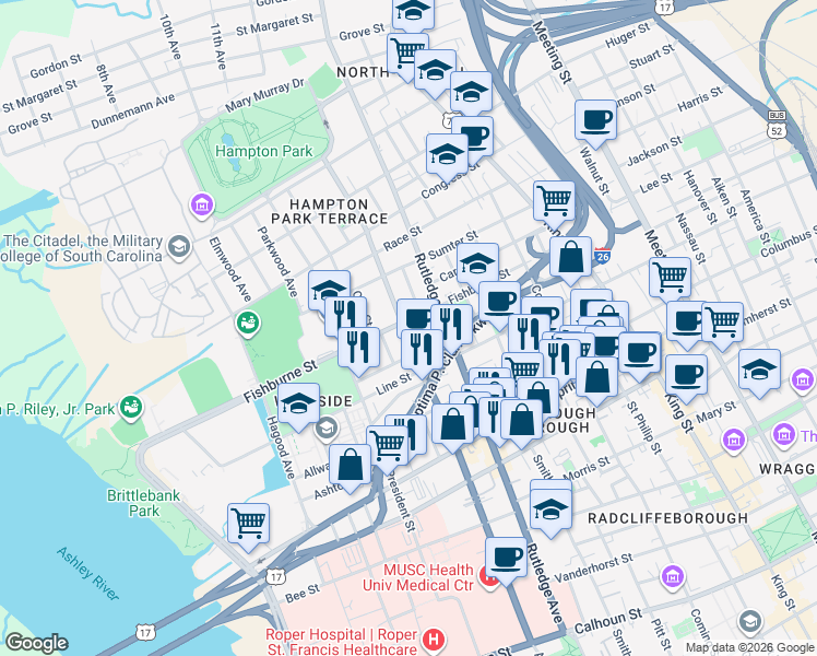 map of restaurants, bars, coffee shops, grocery stores, and more near 20 Nunan Street in Charleston