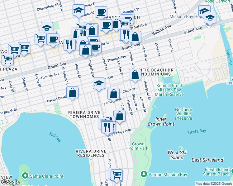 map of restaurants, bars, coffee shops, grocery stores, and more near 4019 Jewell Street in San Diego