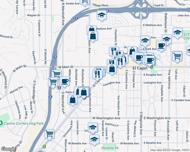 map of restaurants, bars, coffee shops, grocery stores, and more near 540 Cobblestone Court in El Cajon