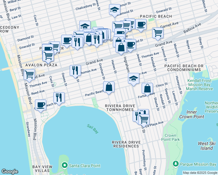 map of restaurants, bars, coffee shops, grocery stores, and more near 1418 Pacific Beach Drive in San Diego