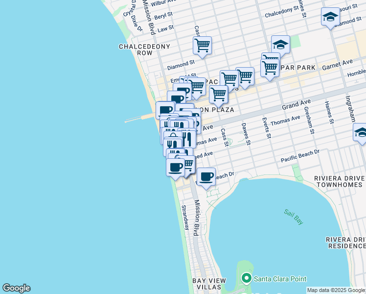 map of restaurants, bars, coffee shops, grocery stores, and more near Mission Boulevard & Thomas Avenue in San Diego