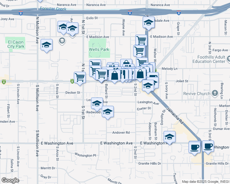 map of restaurants, bars, coffee shops, grocery stores, and more near 187 Ballard Street in El Cajon