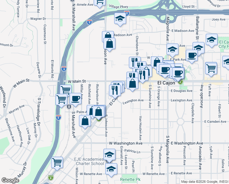 map of restaurants, bars, coffee shops, grocery stores, and more near 513 Sandstone Court in El Cajon