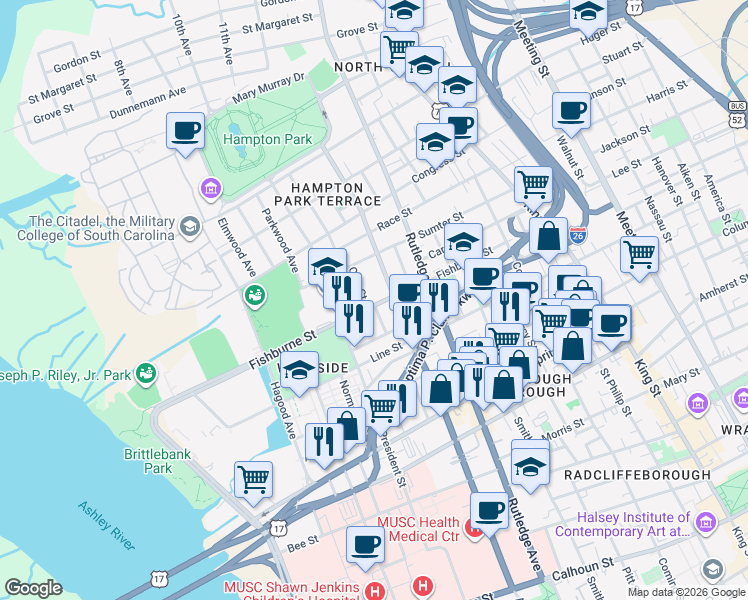 map of restaurants, bars, coffee shops, grocery stores, and more near 13 Killians Street in Charleston