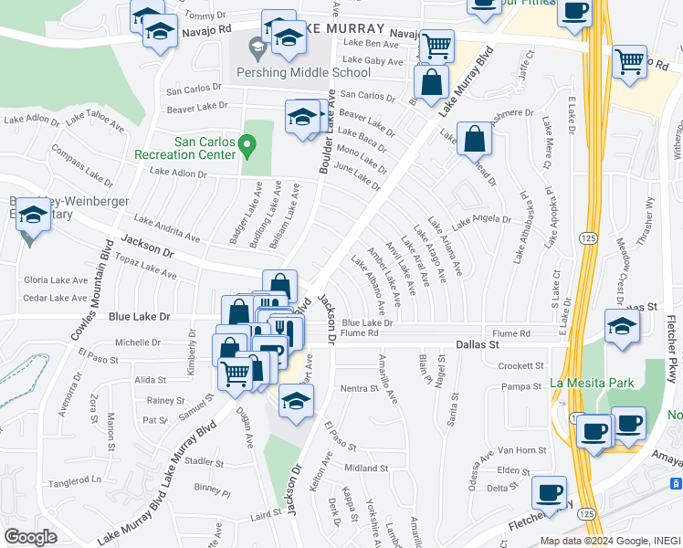 map of restaurants, bars, coffee shops, grocery stores, and more near 6350 Lake Alturas Avenue in San Diego