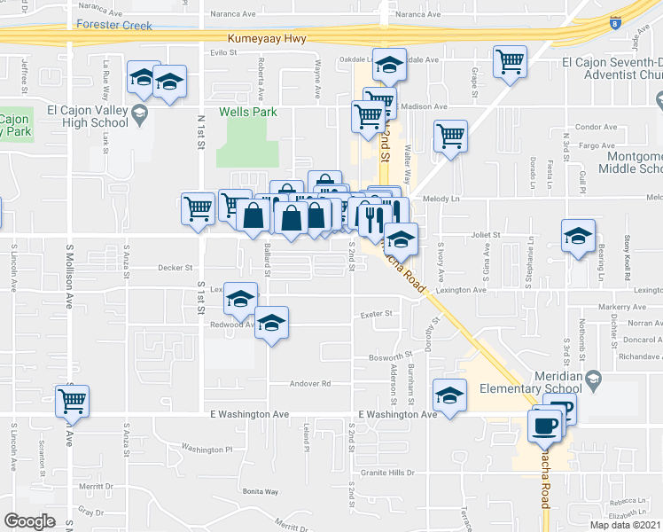 map of restaurants, bars, coffee shops, grocery stores, and more near 1268 East Lexington Avenue in El Cajon