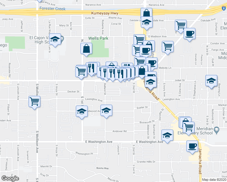 map of restaurants, bars, coffee shops, grocery stores, and more near 1234 East Lexington Avenue in El Cajon