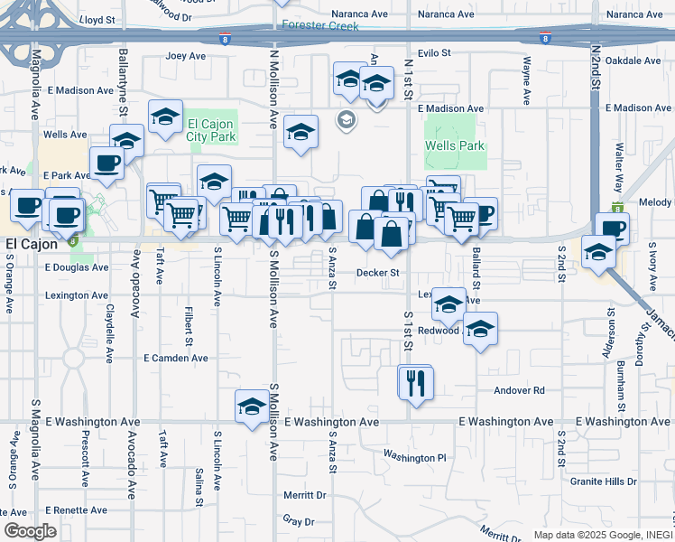 map of restaurants, bars, coffee shops, grocery stores, and more near 265 South Anza Street in El Cajon
