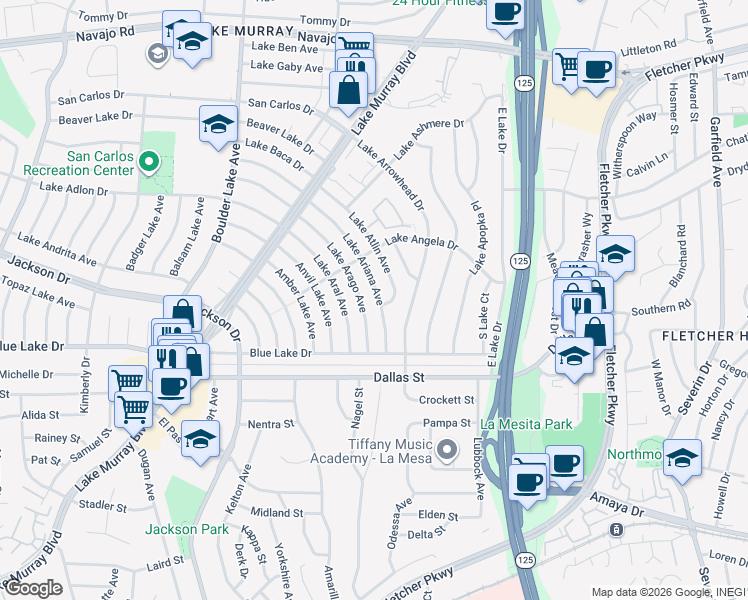 map of restaurants, bars, coffee shops, grocery stores, and more near 6230 Lake Ariana Avenue in San Diego
