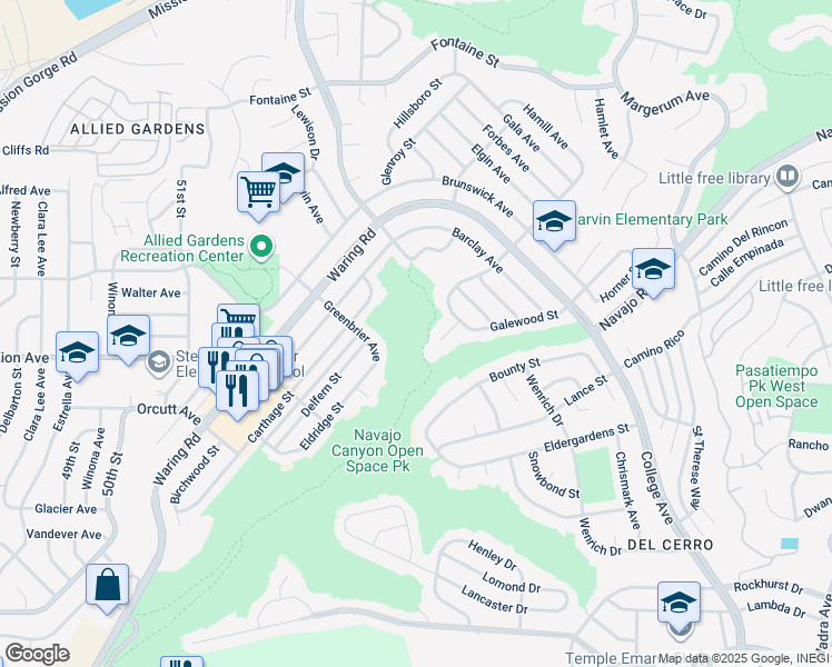 map of restaurants, bars, coffee shops, grocery stores, and more near 5376 Greenbrier Avenue in San Diego