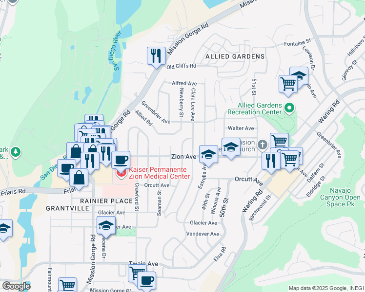 map of restaurants, bars, coffee shops, grocery stores, and more near 6602 Delbarton Street in San Diego
