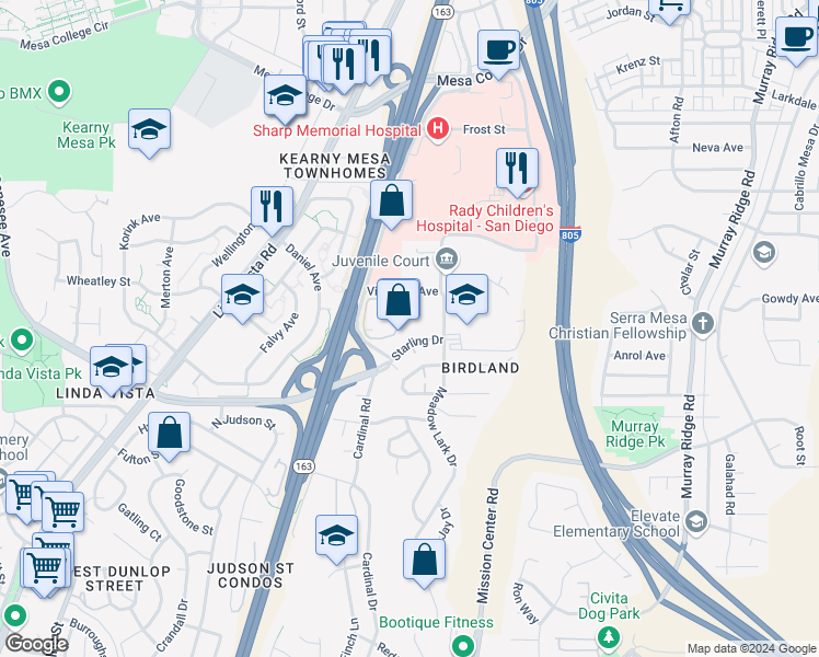 map of restaurants, bars, coffee shops, grocery stores, and more near 7799 Starling Drive in San Diego