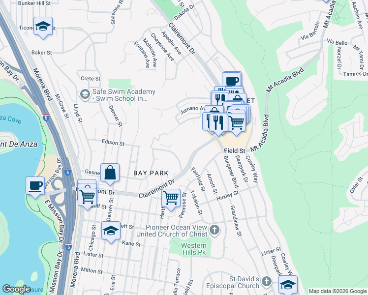map of restaurants, bars, coffee shops, grocery stores, and more near in San Diego