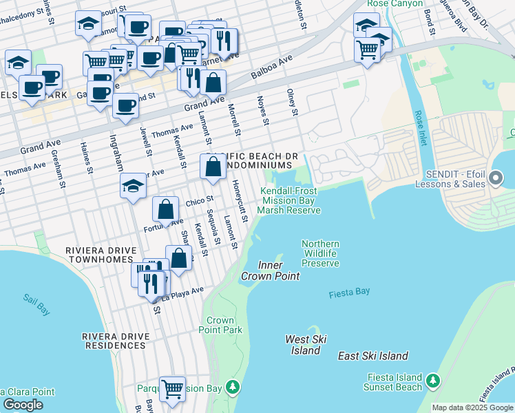 map of restaurants, bars, coffee shops, grocery stores, and more near 3970 Crown Point Drive in San Diego