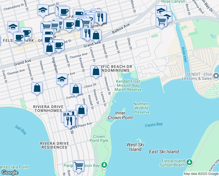 map of restaurants, bars, coffee shops, grocery stores, and more near 3967 Lamont Street in San Diego
