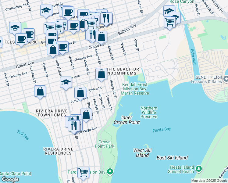 map of restaurants, bars, coffee shops, grocery stores, and more near 3967 Lamont Street in San Diego