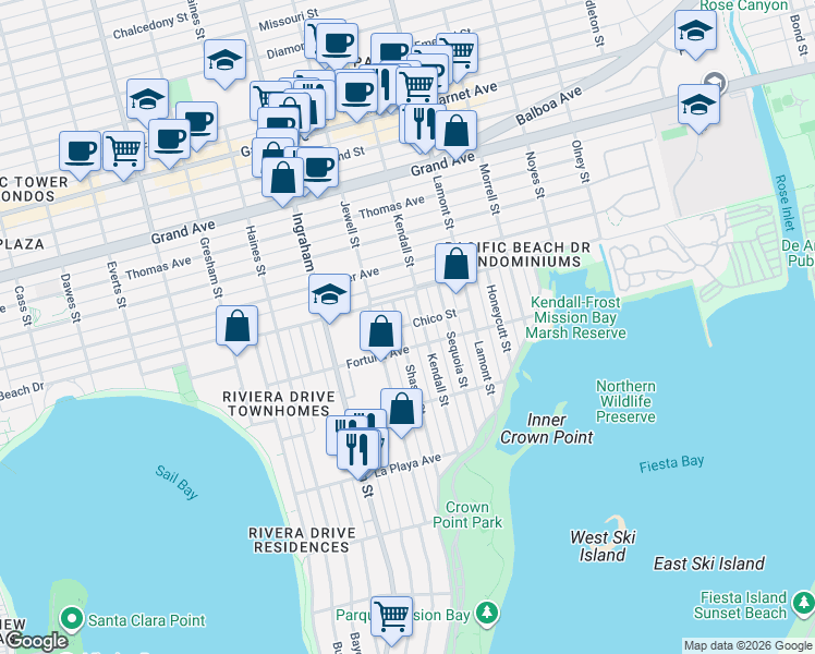 map of restaurants, bars, coffee shops, grocery stores, and more near 1787 Fortuna Avenue in San Diego