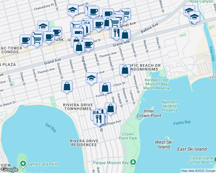 map of restaurants, bars, coffee shops, grocery stores, and more near 4019 Jewell Street in San Diego