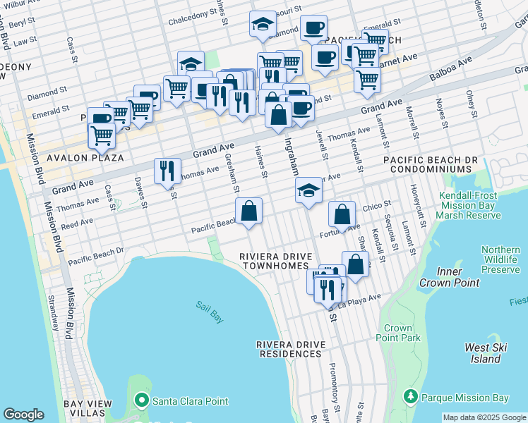 map of restaurants, bars, coffee shops, grocery stores, and more near 4065 Riviera Drive in San Diego