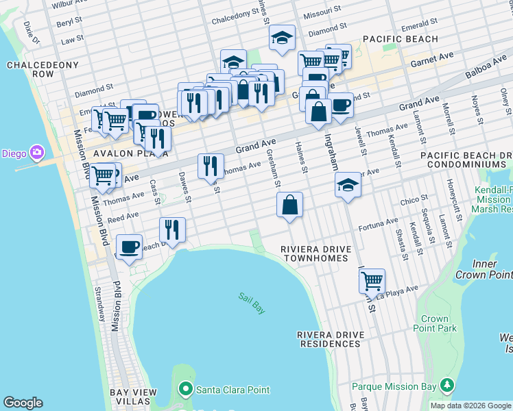 map of restaurants, bars, coffee shops, grocery stores, and more near 1311 Pacific Beach Drive in San Diego