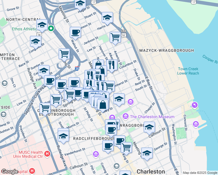 map of restaurants, bars, coffee shops, grocery stores, and more near 420 Meeting Street in Charleston