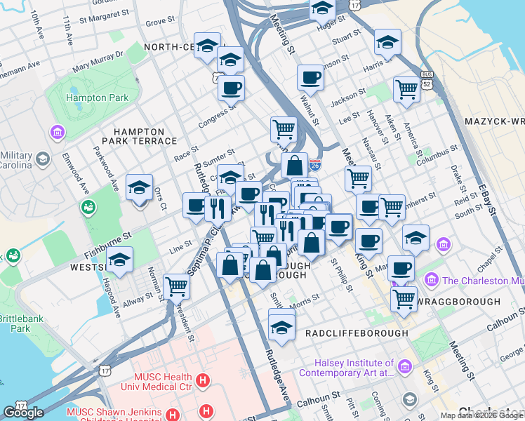 map of restaurants, bars, coffee shops, grocery stores, and more near 25 Percy Street in Charleston
