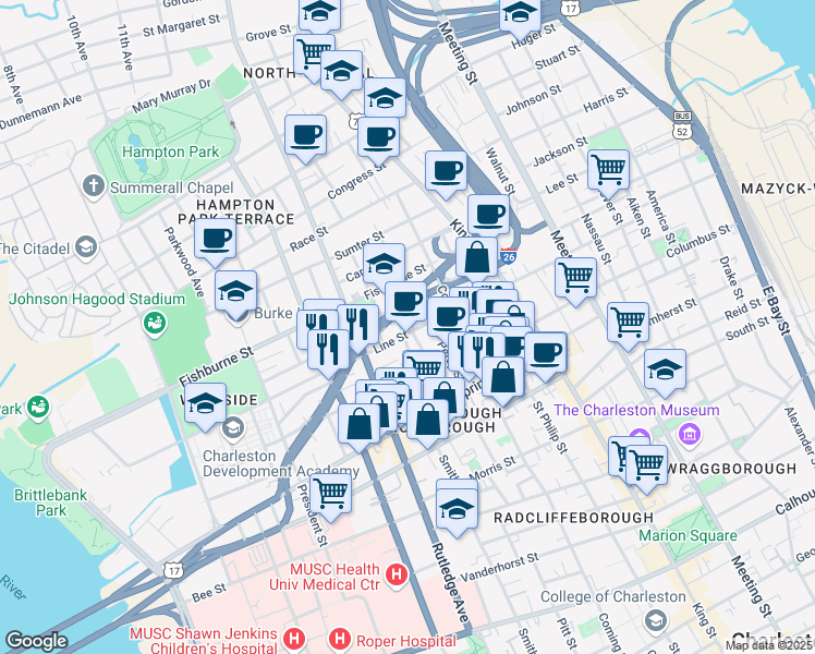 map of restaurants, bars, coffee shops, grocery stores, and more near 43 Rose Lane in Charleston