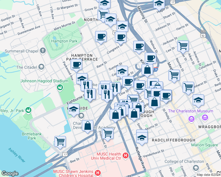 map of restaurants, bars, coffee shops, grocery stores, and more near 20 Nunan Street in Charleston