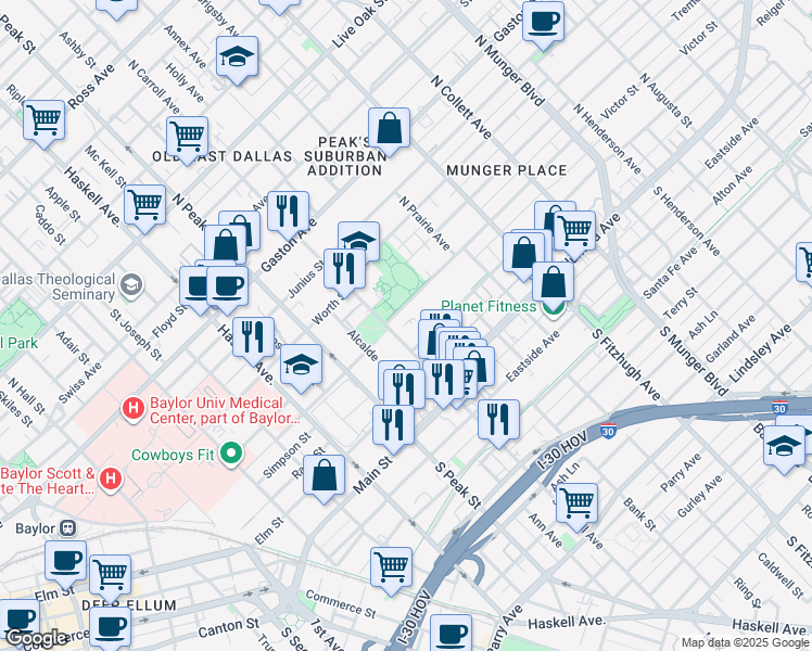 map of restaurants, bars, coffee shops, grocery stores, and more near 309 North Carroll Avenue in Dallas