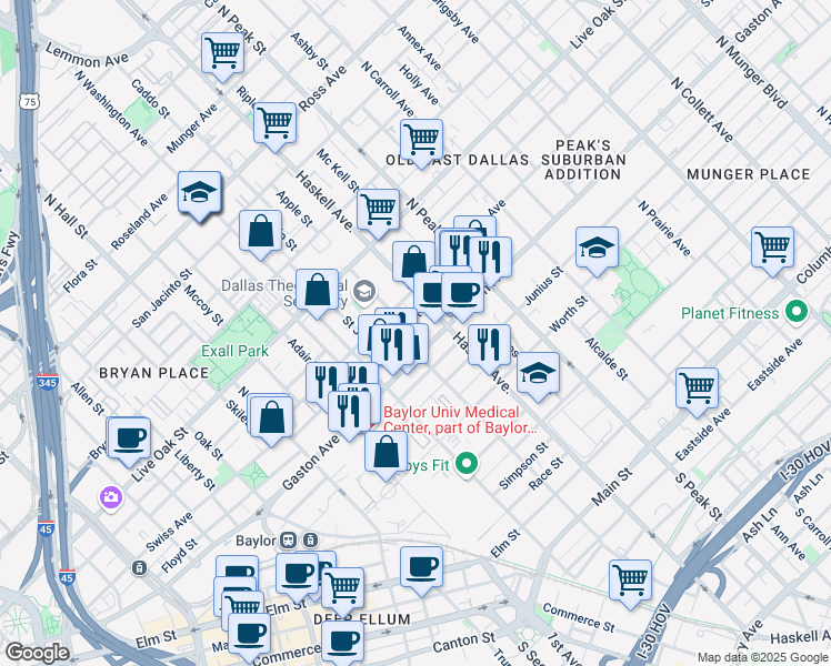 map of restaurants, bars, coffee shops, grocery stores, and more near 3911 Gaston Avenue in Dallas