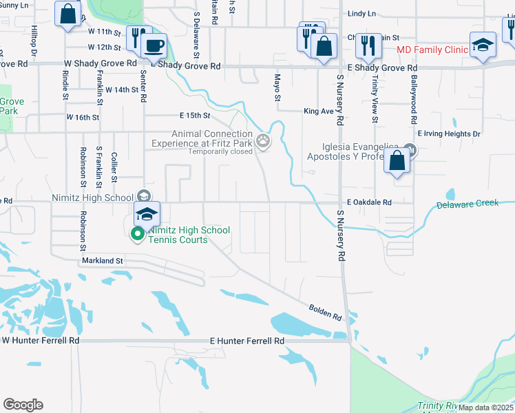 map of restaurants, bars, coffee shops, grocery stores, and more near 2022 Red Oak Drive in Irving