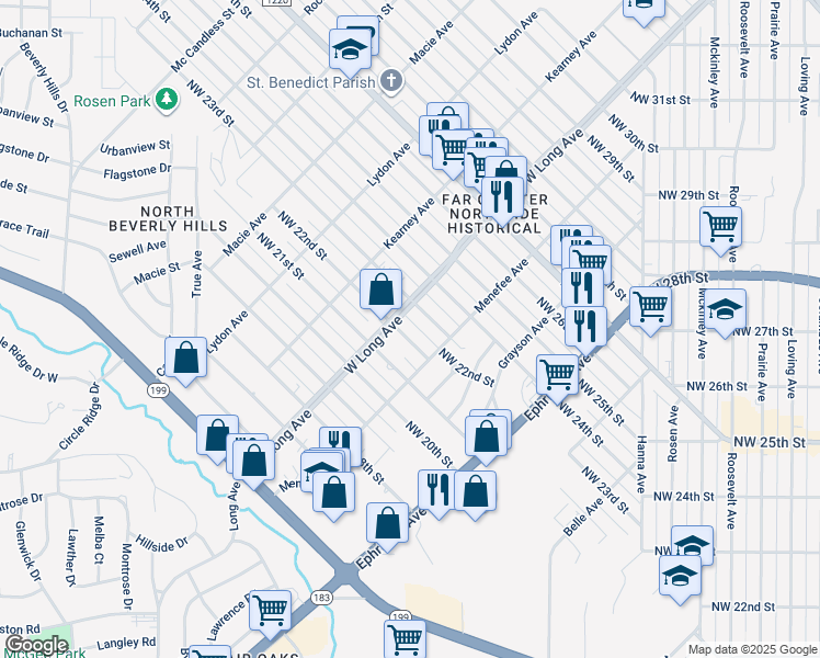 map of restaurants, bars, coffee shops, grocery stores, and more near 2610 Northwest 21st Street in Fort Worth