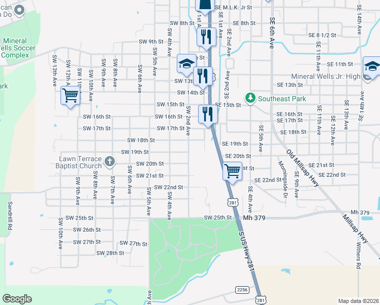map of restaurants, bars, coffee shops, grocery stores, and more near 2016 Southwest 2nd Avenue in Mineral Wells