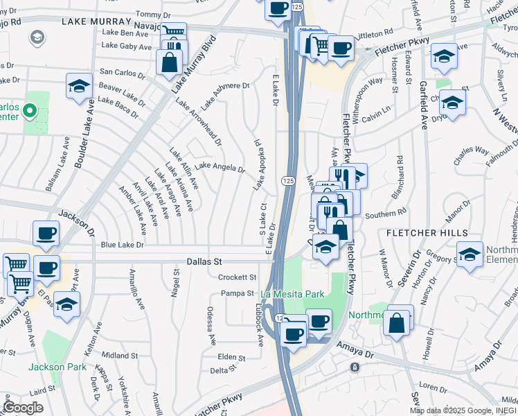 map of restaurants, bars, coffee shops, grocery stores, and more near 6272 South Lake Court in San Diego