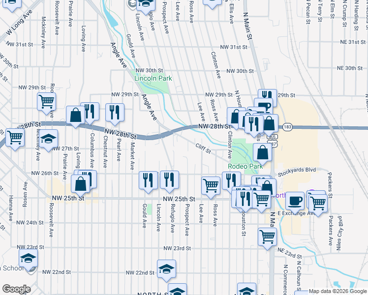 map of restaurants, bars, coffee shops, grocery stores, and more near 2617 Prospect Avenue in Fort Worth