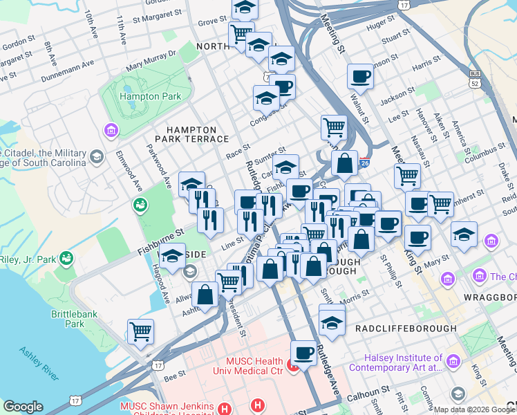 map of restaurants, bars, coffee shops, grocery stores, and more near 20 Nunan Street in Charleston