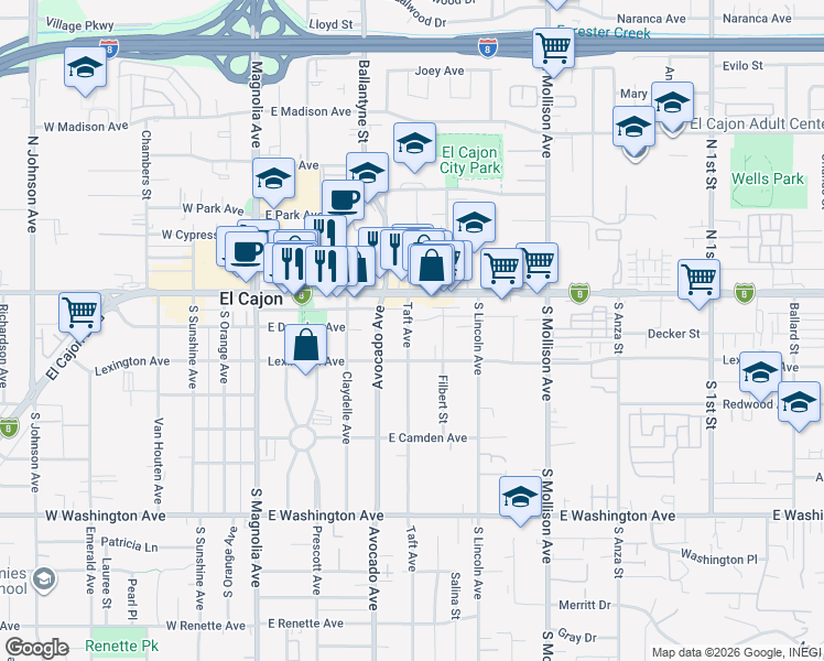 map of restaurants, bars, coffee shops, grocery stores, and more near 145 Taft Avenue in El Cajon