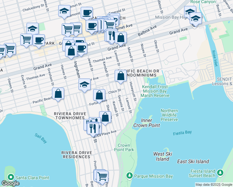 map of restaurants, bars, coffee shops, grocery stores, and more near 3976 Sequoia Street in San Diego