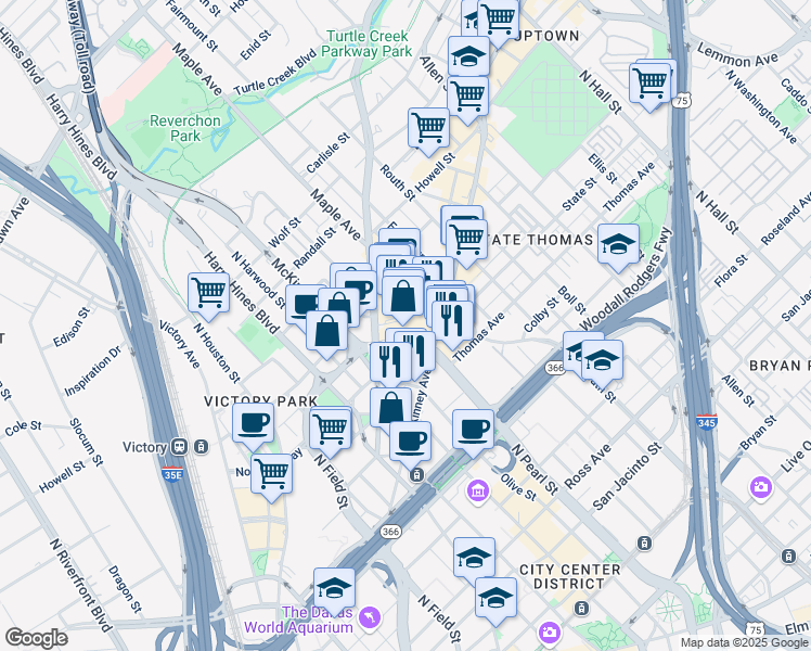 map of restaurants, bars, coffee shops, grocery stores, and more near 200 Crescent Court in Dallas