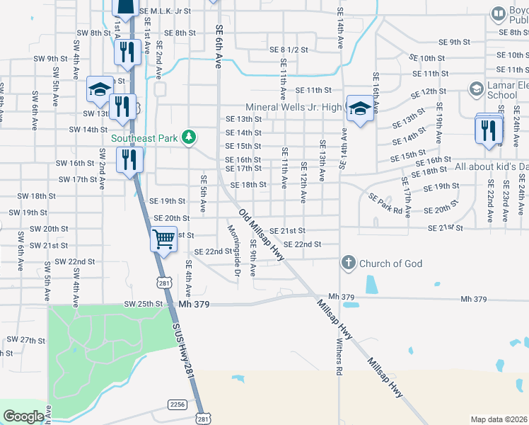 map of restaurants, bars, coffee shops, grocery stores, and more near 1015 Southeast 20th Street in Mineral Wells
