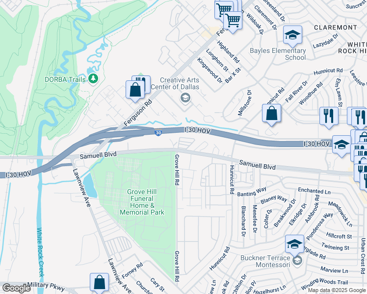 map of restaurants, bars, coffee shops, grocery stores, and more near 4611 Samuell Boulevard in Dallas