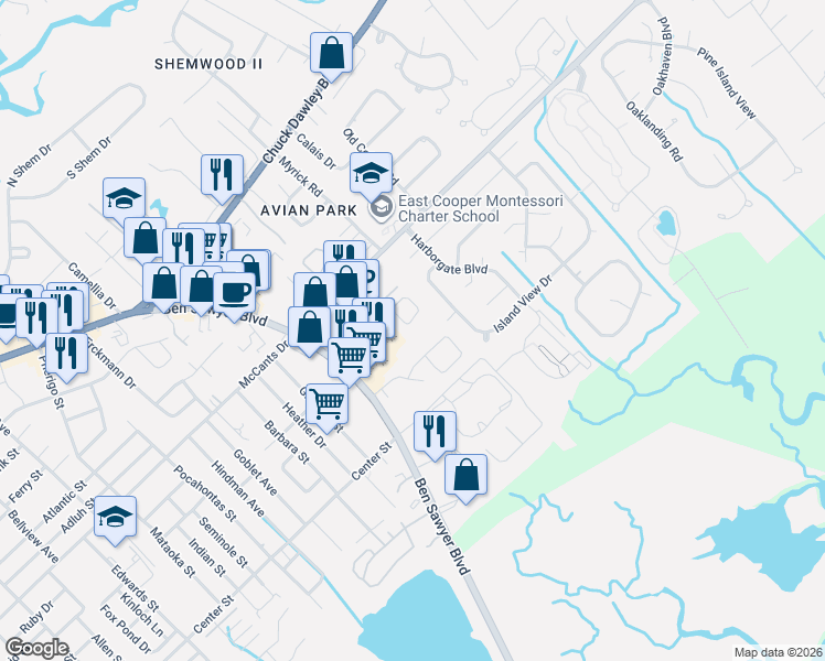 map of restaurants, bars, coffee shops, grocery stores, and more near 1452 Ben Sawyer Boulevard in Mount Pleasant
