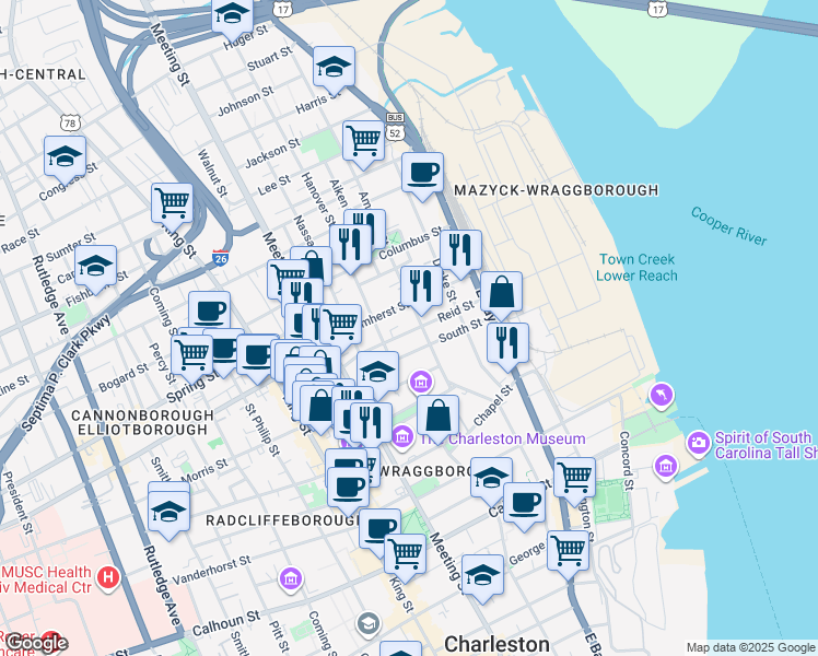 map of restaurants, bars, coffee shops, grocery stores, and more near 38 Reid Street in Charleston